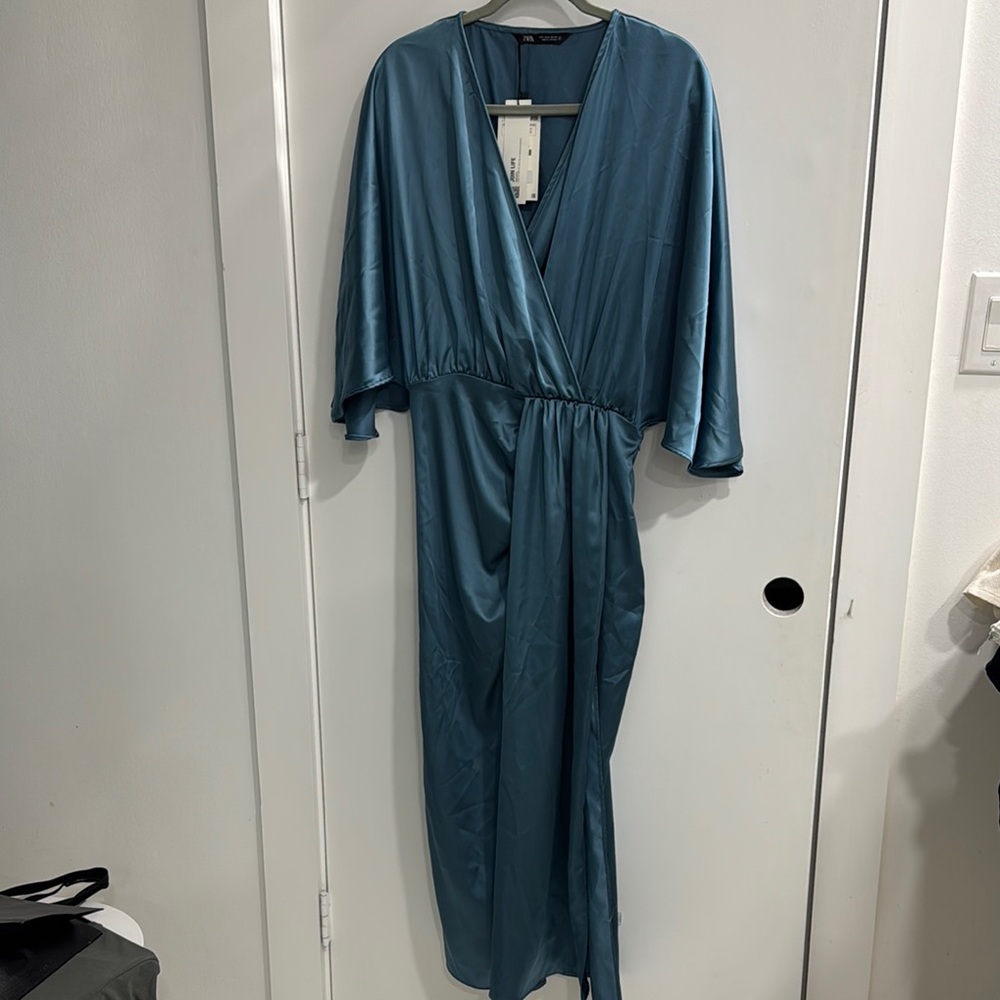 Zara Satin Teal Wrap Dress